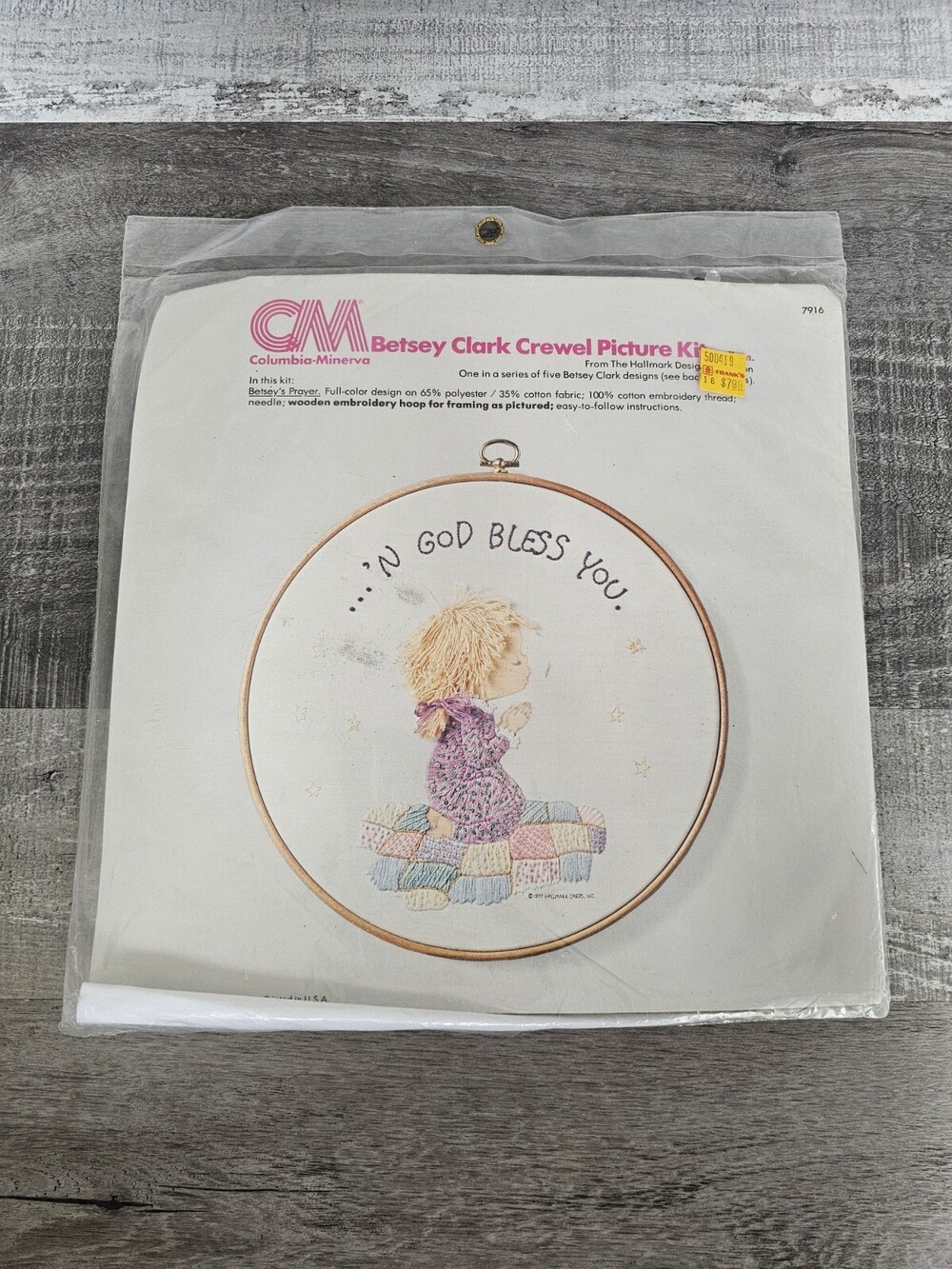 NEW 1977 Columbia Minerva Betseys Prayer 7916 Crewel Embroidery Kit w/Hoop 125a